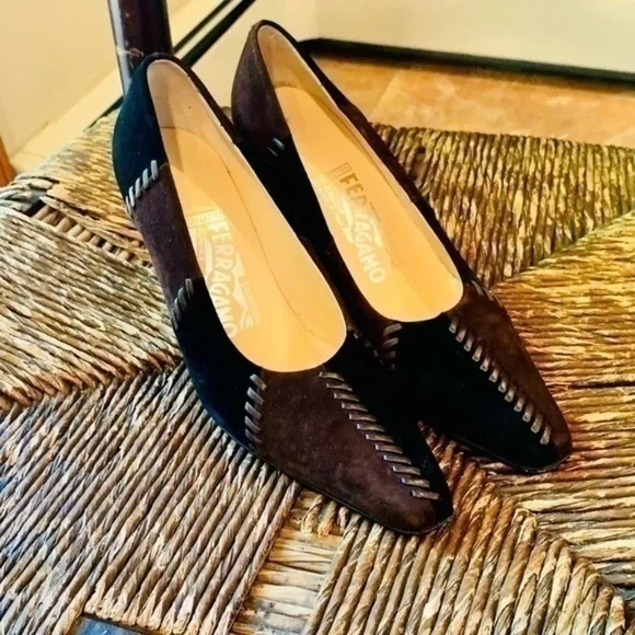 ✨💛✨ Ferragamo Espresso / Nero Suede Calf Leather Patchwork Pumps✨💛✨ Size 6✨💛✨ - Picture 8 of 10